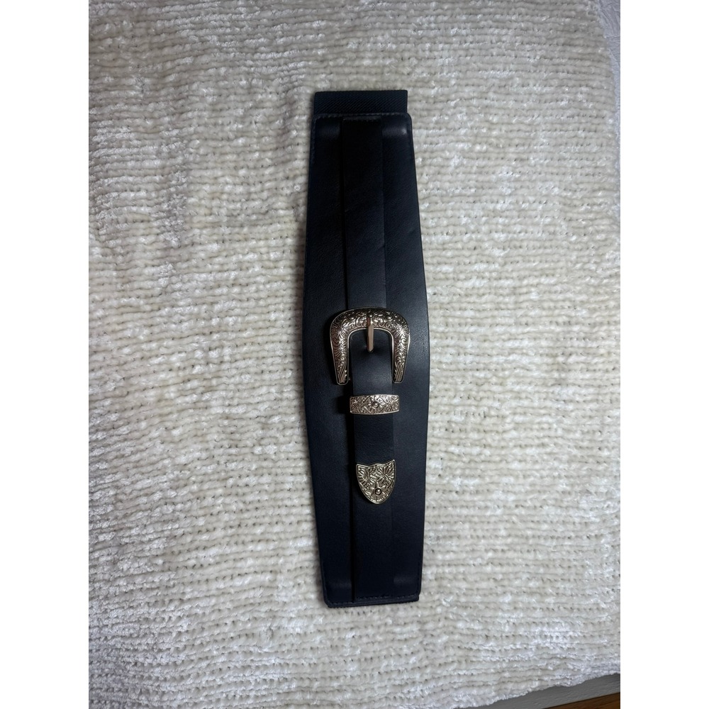 Womens Western Wide Elastic Waist Belt Black Faux Leather Ornate Silver Buckle